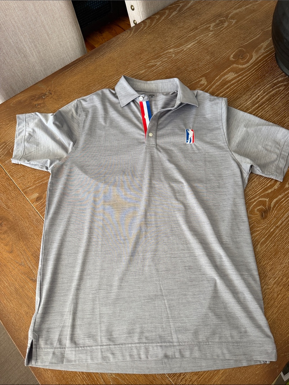 Gray Short-Sleeve Polo with Red-White-Blue Placket Accent